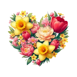 Heart Shaped Floral Arrangement with Yellow Daffodils and Red Tulips