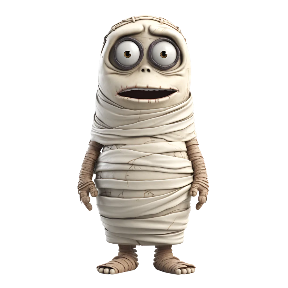 3D Cartoon Mummy Character with Big Eyes and Wrapped Bandages