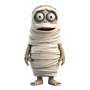 3D Cartoon Mummy Character with Big Eyes and Wrapped Bandages