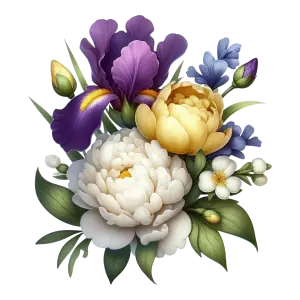 Colorful Peony and Iris Flower Bouquet with Green Leaves