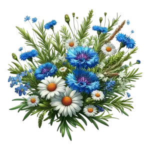 Bouquet of Blue Cornflowers and White Daisies with Greenery