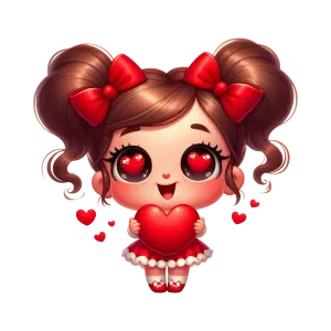 Cute Cartoon Girl with Heart and Red Bows