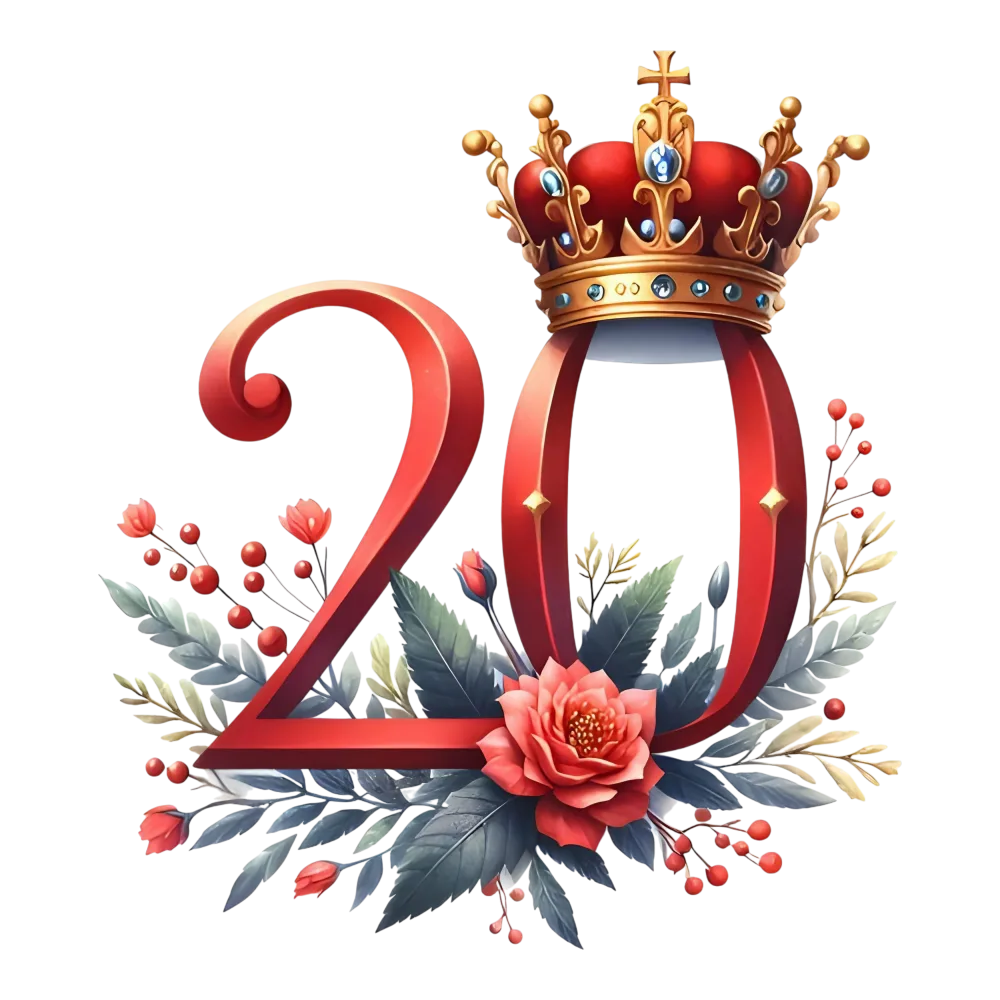 Decorative Number 20 with Royal Crown and Floral Design