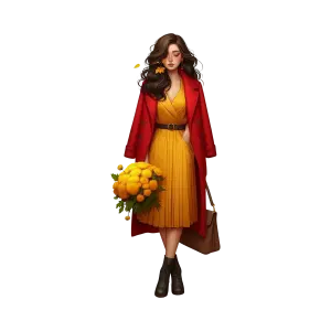 Elegant Woman in Autumn Outfit Holding Yellow Chrysanthemums