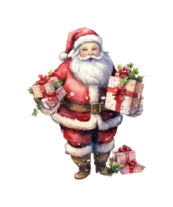 Santa Claus Holding Christmas Gifts with Holly Decoration