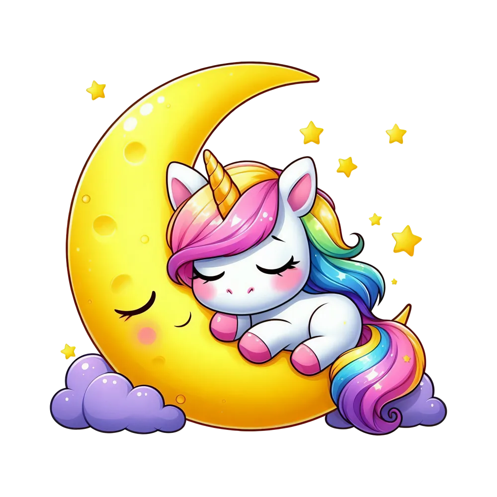 Sleeping Unicorn on Crescent Moon with Stars and Clouds