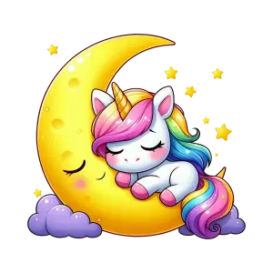 Sleeping Unicorn on Crescent Moon with Stars and Clouds
