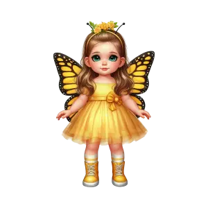 Cute Little Girl Dressed as Butterfly with Yellow Dress and Wings