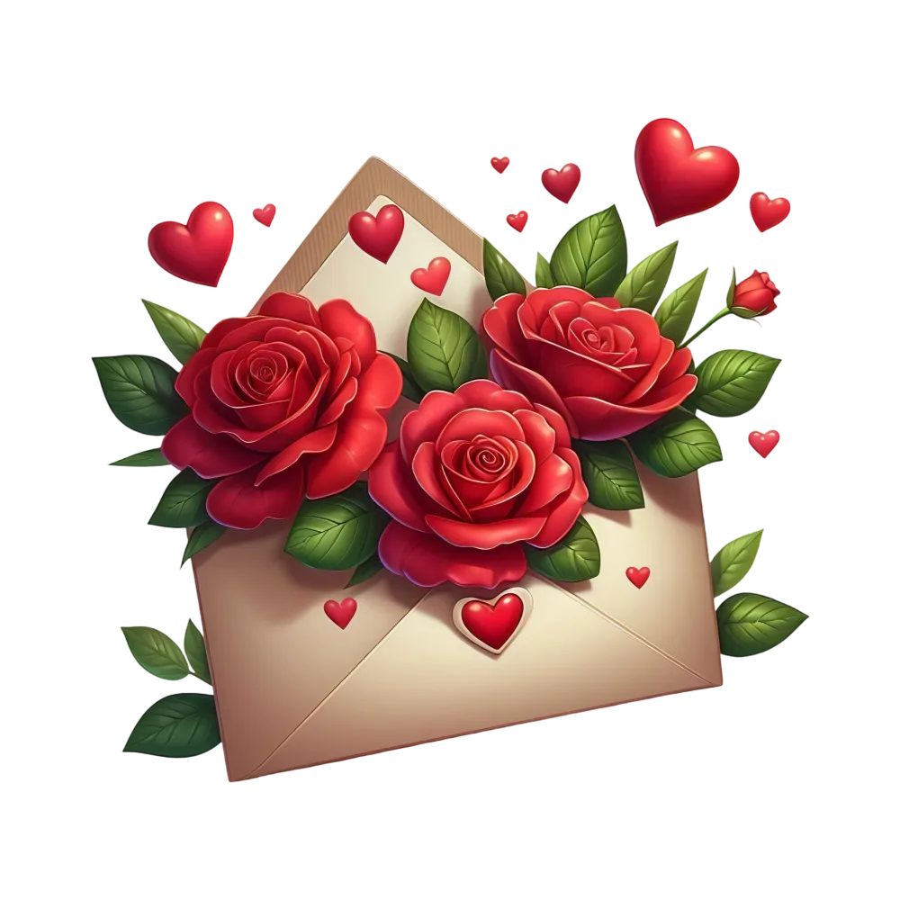 Romantic Red Roses Bouquet with Love Hearts and Envelope