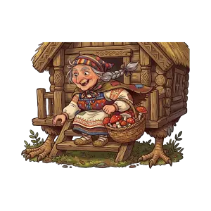 Cartoon Baba Yaga with Mushroom Basket and Hut on Chicken Legs