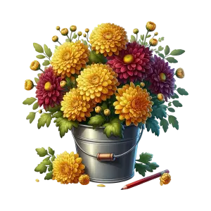 Colorful Chrysanthemum Flowers in Metal Bucket with Pencil