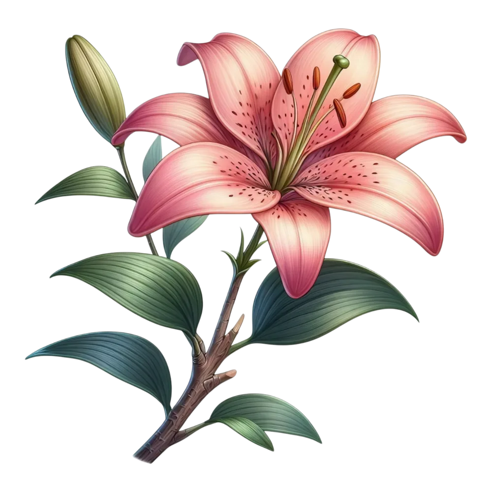 Realistic Pink Lily Flower with Green Leaves
