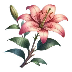 Realistic Pink Lily Flower with Green Leaves
