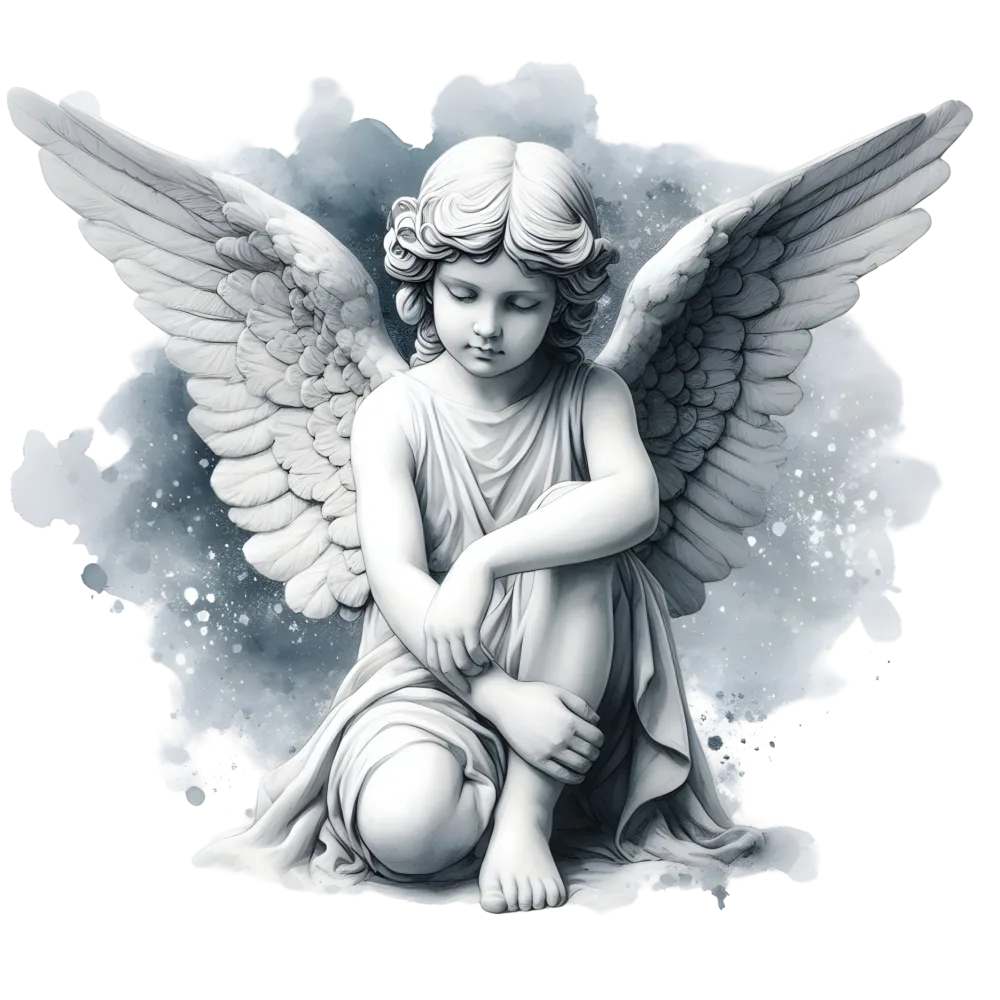 Detailed White Angel Statue Sitting with Folded Wings