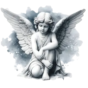 Detailed White Angel Statue Sitting with Folded Wings