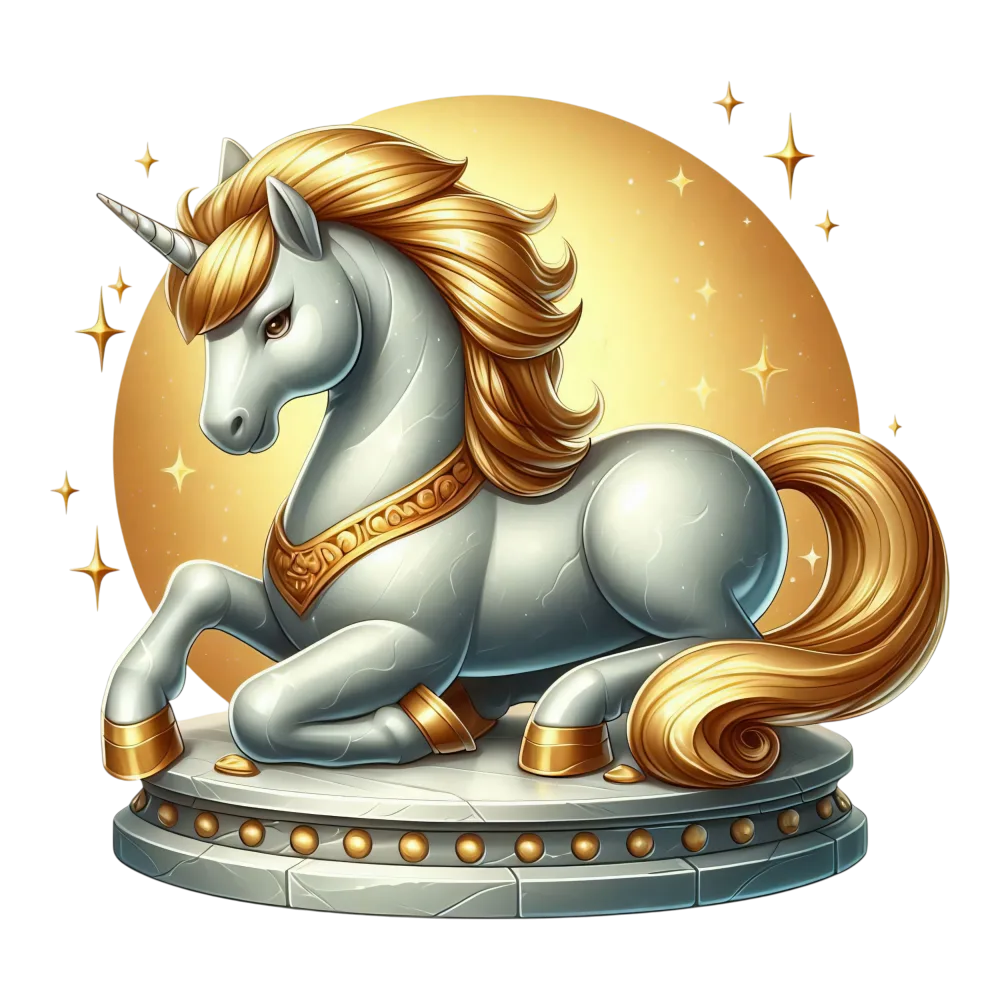 Golden Unicorn Statue on Pedestal with Glowing Background