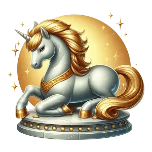 Golden Unicorn Statue on Pedestal with Glowing Background