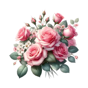 Bouquet of Pink Roses with Green Leaves and White Flowers
