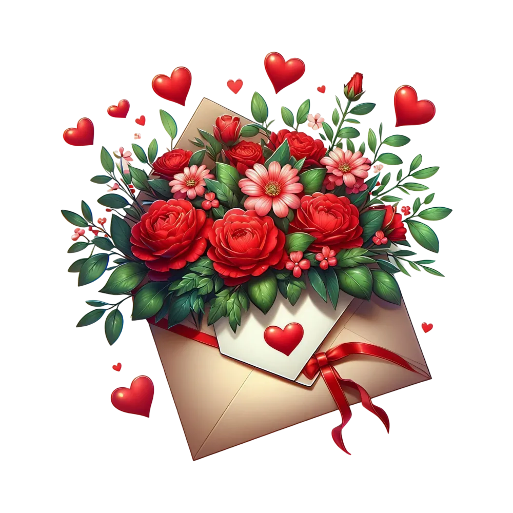 Valentine's Day Bouquet with Red Roses and Hearts in Envelope