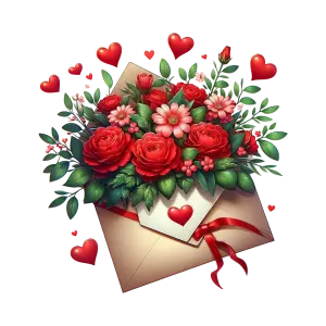 Valentine's Day Bouquet with Red Roses and Hearts in Envelope