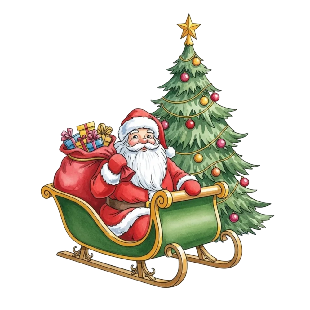 Santa Claus in Sleigh with Christmas Tree and Gifts