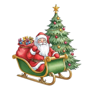 Santa Claus in Sleigh with Christmas Tree and Gifts