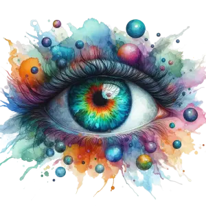 Colorful Watercolor Painting of a Human Eye with Abstract Bubbles