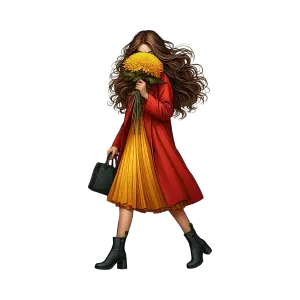 Woman in Red Coat Holding Yellow Flowers and Black Handbag