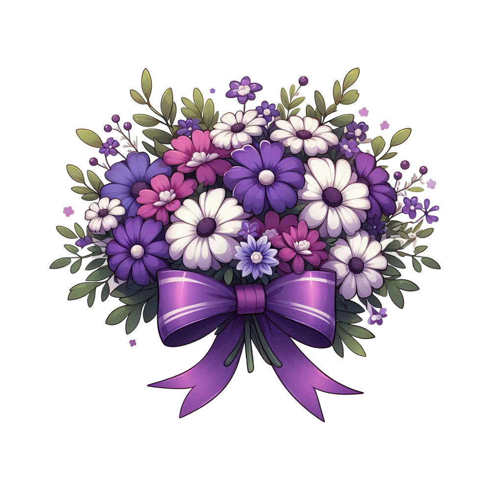 Bouquet of Purple and White Flowers with Decorative Bow
