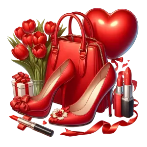 Red Fashion Accessories with Tulip Flowers and Heart Balloon