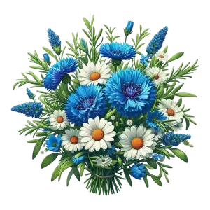 Bouquet of Blue Cornflowers and White Daisies with Greenery