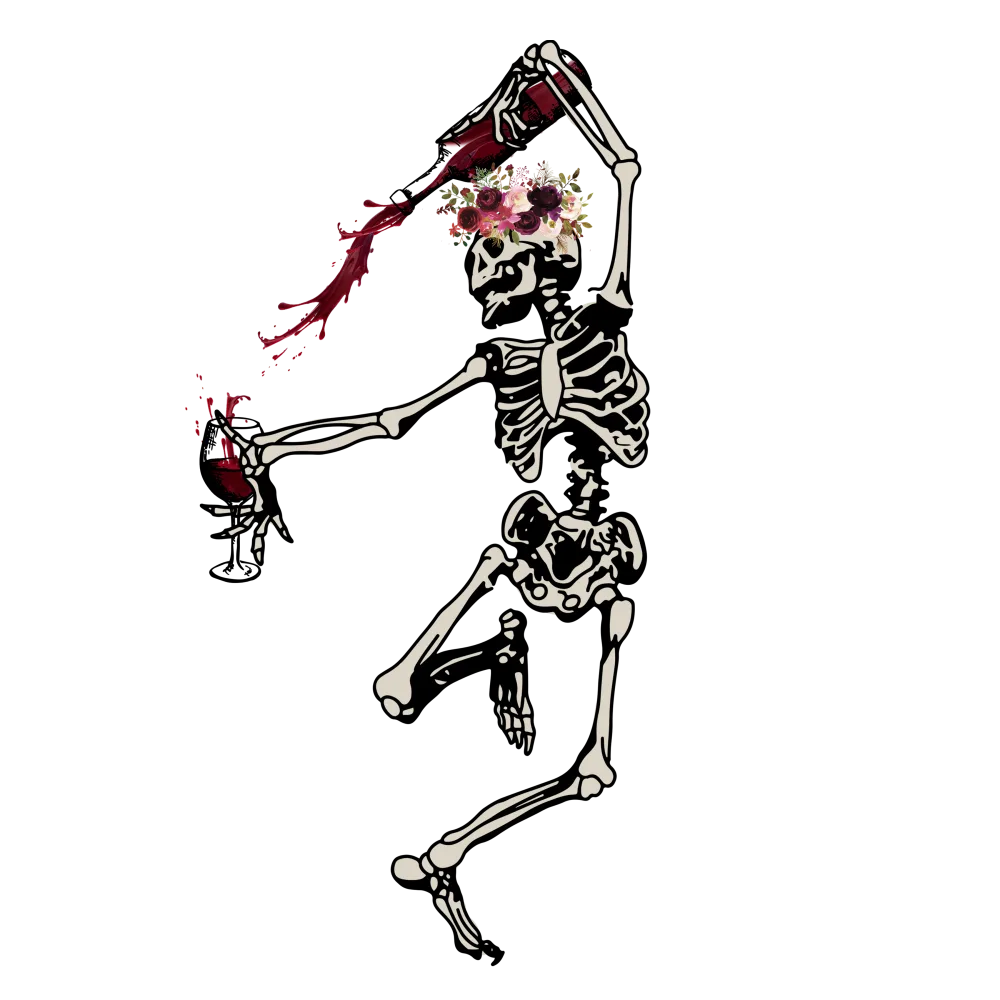 Dancing Skeleton with Flower Crown Pouring Red Wine