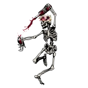 Dancing Skeleton with Flower Crown Pouring Red Wine
