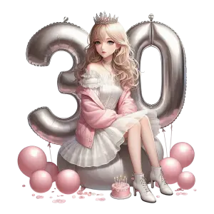 Anime Girl Celebrating 30th Birthday with Balloons and Cake