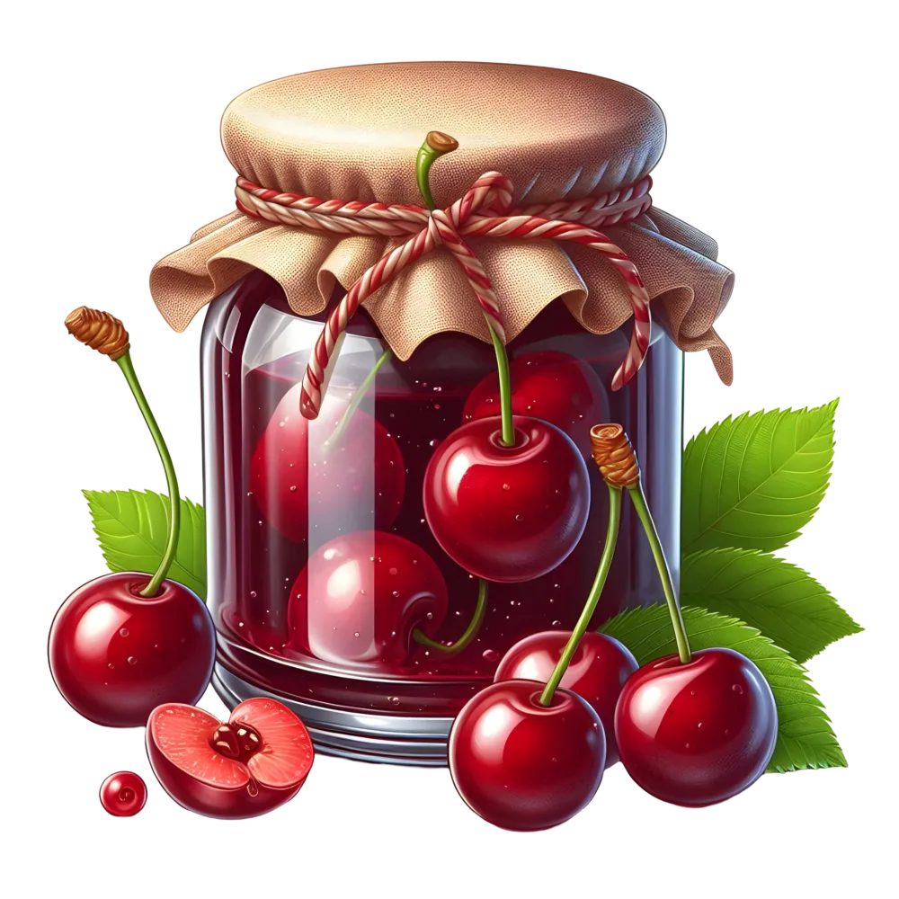 Jar of Cherry Jam with Fresh Cherries and Leaves