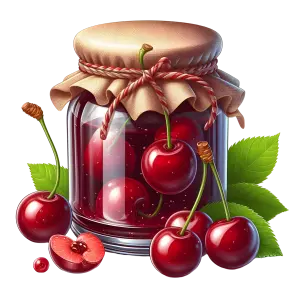 Jar of Cherry Jam with Fresh Cherries and Leaves