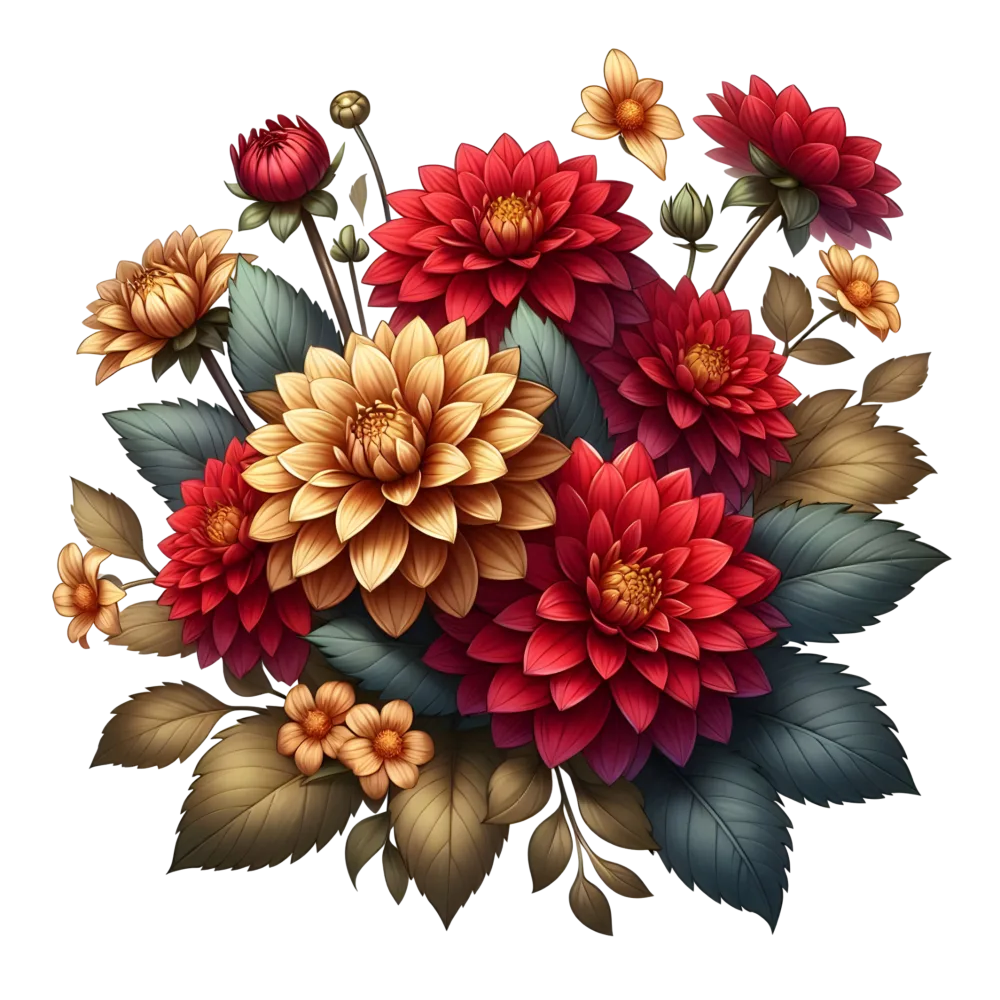 Red and Yellow Dahlia Flowers with Leaves