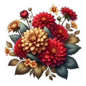 Red and Yellow Dahlia Flowers with Leaves