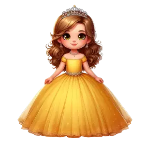 Cute Cartoon Girl in Sparkling Yellow Ball Gown and Tiara