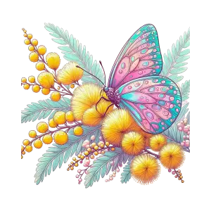 Colorful Butterfly on Yellow Mimosa Flowers Illustration