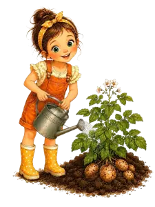 Cute Girl Watering Potato Plant with Roots and Flowers