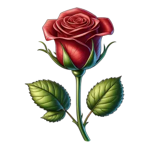 Detailed Red Rose with Green Leaves on Black Background