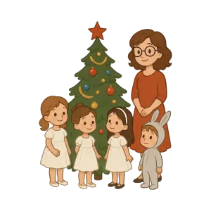 Children and Woman Celebrating Christmas with Tree