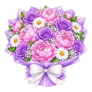 Elegant Bouquet of Pink Peonies, Purple Roses, and White Daisies