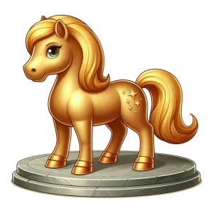 Golden Cartoon Pony Figurine on Marble Pedestal