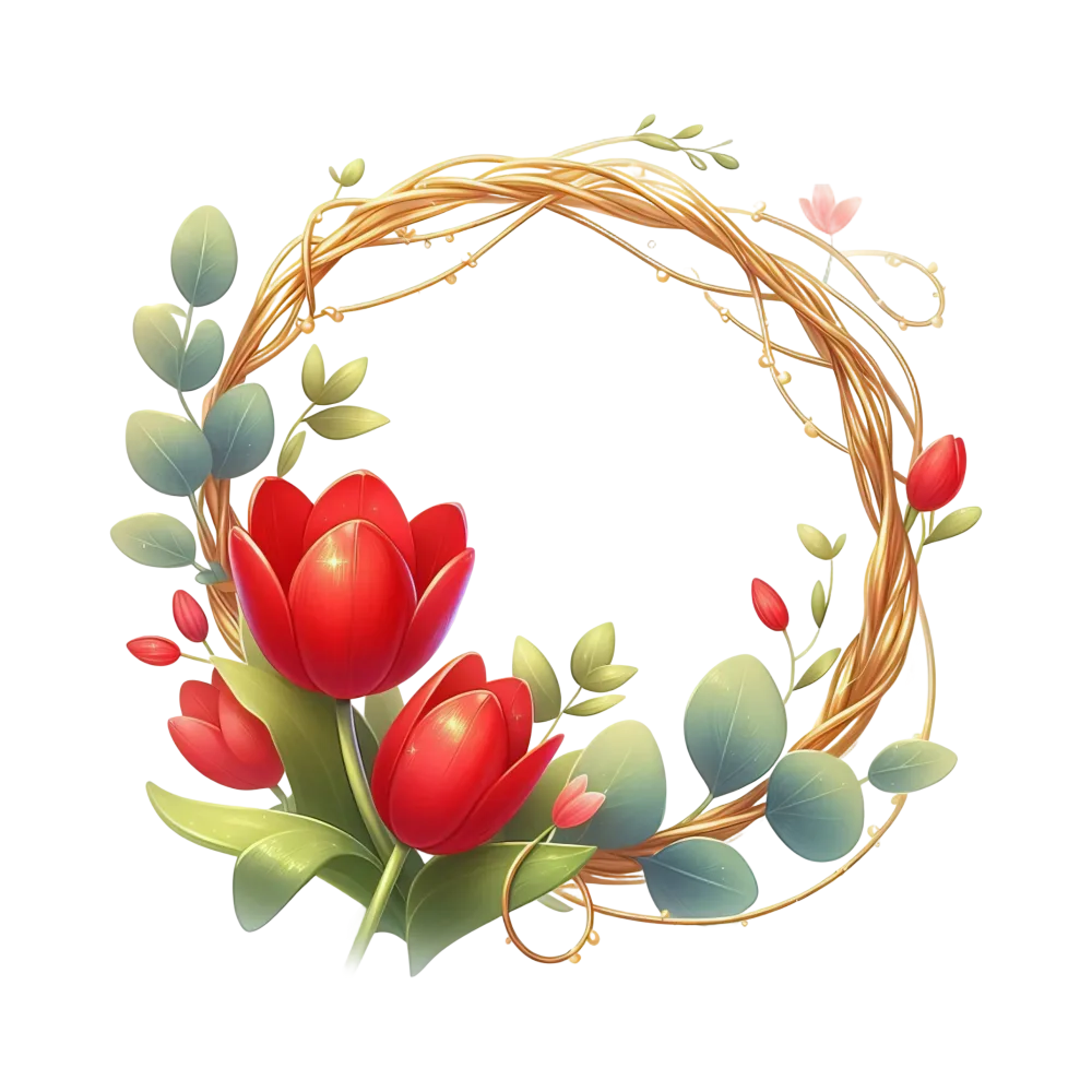 Circular Golden Vine Wreath with Red Tulip Flowers and Green Leaves