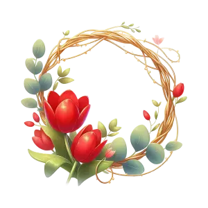 Circular Golden Vine Wreath with Red Tulip Flowers and Green Leaves