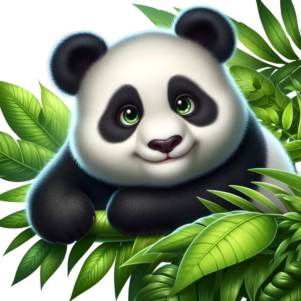 Cute Cartoon Panda with Green Leaves