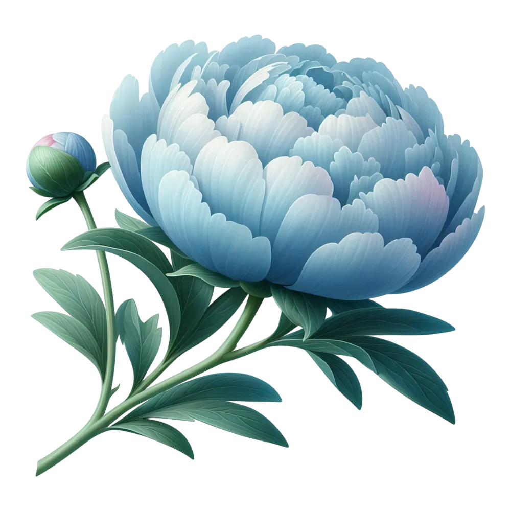 Blue Peony Flower Illustration with Bud and Leaves