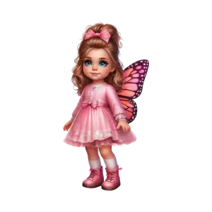 Cute Girl with Butterfly Wings in Pink Dress and Boots
